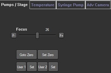 Image 4. Camera focus control is found within the software under the Hardware> Pumps/Stage tab. Click the F- and F+ buttons to incrementally adjust the focus or use the slider bar for larger focus steps. 