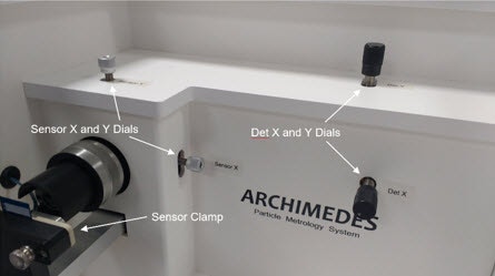 Figure 4: Front panel of the Archimedes instrument, showing the locations of the Sensor and Detector alignment dials