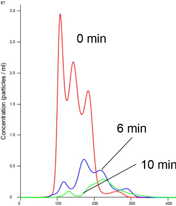 Size-distribution profiles of insulin receptor RTK domain and liposomes in manganese-containing buffer measured over time with Nanoparticle Tracking Analysis. At time zero the measured particles fall in the range of 85nm to 280nm approximately with major peaks occurring at 110nm, 150nm and 180nm. After 6 minutes incubation in the buffer the overall measured concentration decreased dramatically and the measured particles fell in the 100 to 310nm size range. By the end of a 10 minute incubation the overall concentration had dropped further with most of the particles being measured in the 120nm to 350nm size range. These data are indicative of the sample aggregating over time showing that this buffer formulation is not suitable for this insulin receptor-liposome sample.