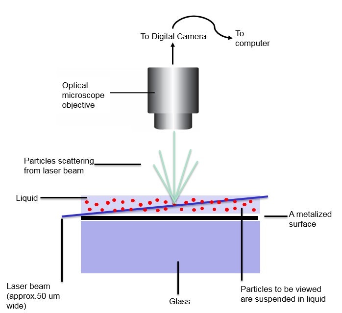 Illustration of the illumination and optical path for Nanosight NTA measurements, showing laser, sample within the sample chamber and objective