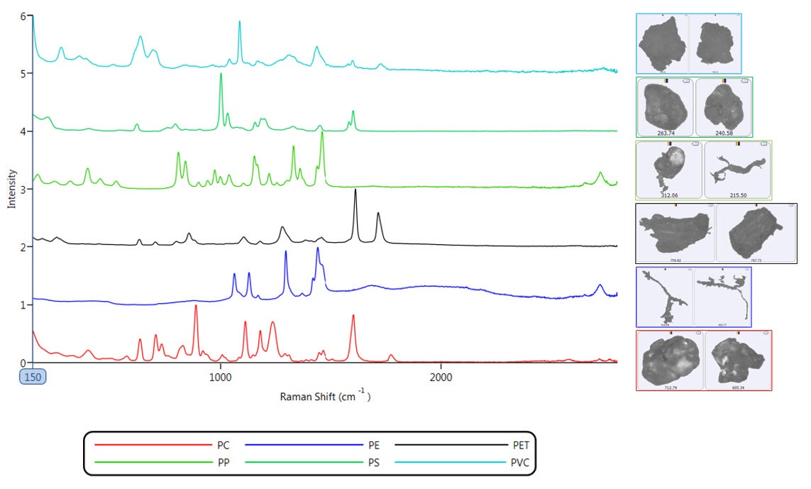 Figure 4 Raman spectra of PE, PP, PS, PC, PET and PVC acquired on the Morphologi 4-ID