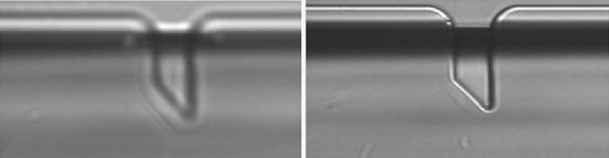 Figure 3: Out-of-focus inlet (left) and in-focus inlet (right) visible in the Inlet View section of the Video pane. Note the exact shape of the inlet may differ