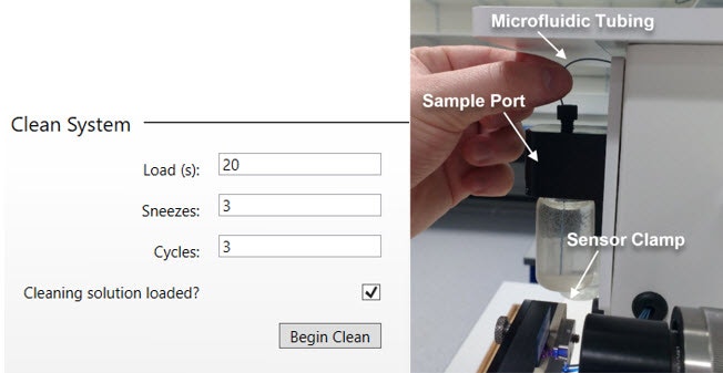 Figure 2: Left: Clean tool menu. Right: Flicking the microfluidic tubing above the sample port